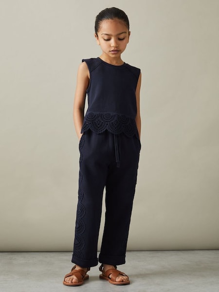 Junior Cotton Broderie Drawstring Trousers Co-Ord in Navy (N74353) | £40