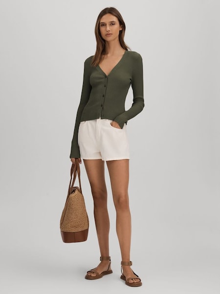 Good American Ribbed Cardigan in Army Green (N74369) | £167