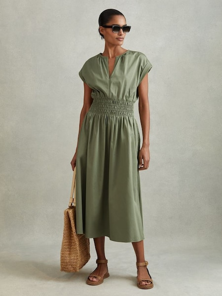 Petite Cotton Ruched Waist Midi Dress in Green (N74372) | £148