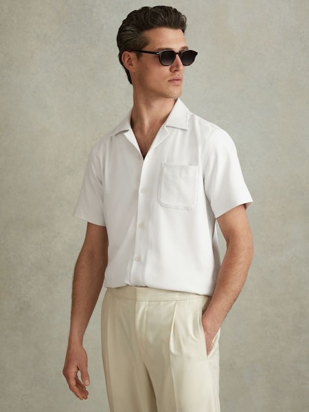 Herringbone Cuban Collar Shirt in White (N74399) | £110