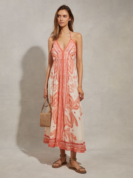 Printed Ruched Waist Midi Dress in Coral (N74414) | £248
