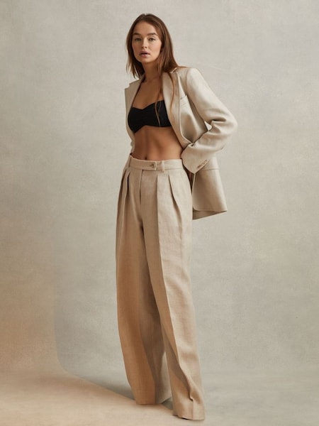 Linen Wide Leg Suit Trousers in Natural (N74834) | £178