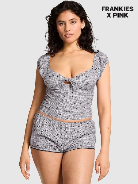 Midnight Meadow Grey Satin Frankies Bikinis Marilyn Satin Short Sleeve Crop Top (N76648) | £50