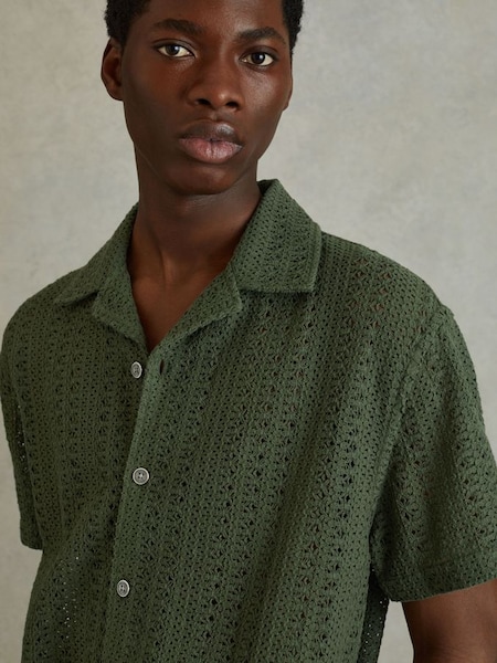 Cotton Crochet Cuban Collar Shirt in Olive Green (N76838) | £118