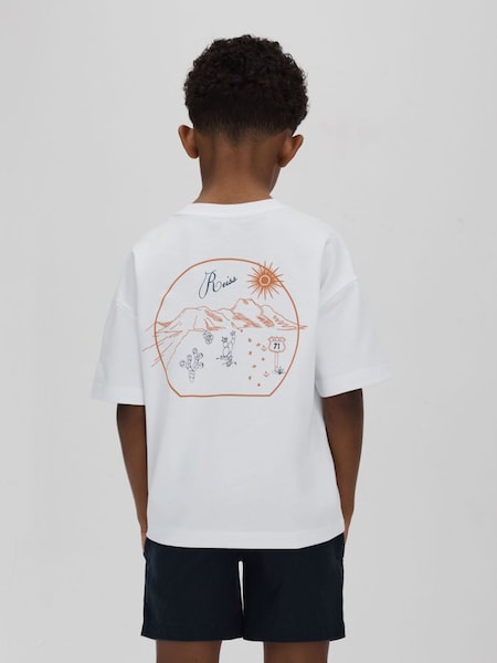Senior Cotton Crew Neck Motif T-Shirt in Optic White/Orange (N77902) | £22