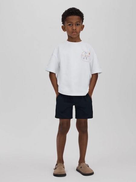 Junior Cotton Crew Neck Motif T-Shirt in Optic White/Orange (N77947) | £18