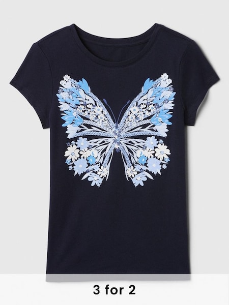 Navy Blue Butterfly Graphic Short Sleeve Crew Neck T-Shirt (4-13yrs) (N78590) | £10