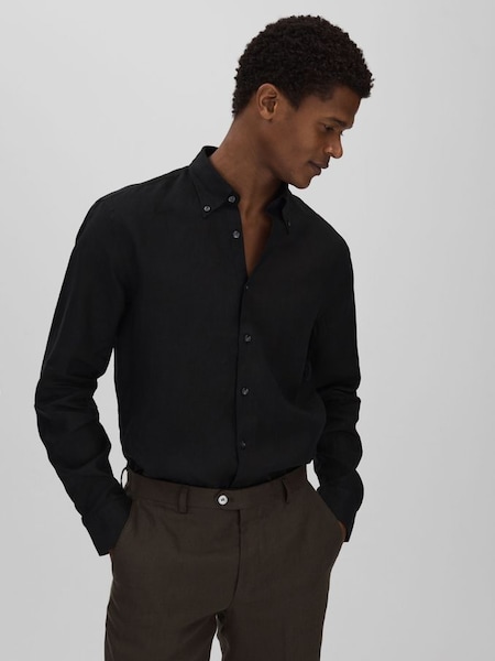 Oscar Jacobson Linen Button Down Collar Shirt in Black (N95987) | £149