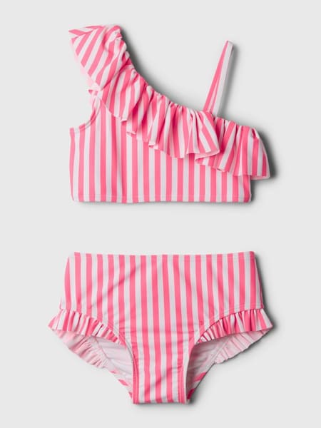 Pink Stripe Asymmetric Ruffle Baby Bikini (6mths-5yrs) (N96429) | £25