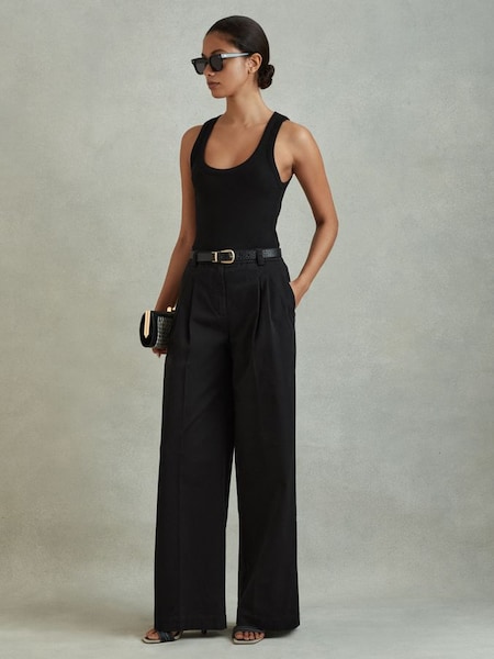 Cotton Blend Wide Leg Trousers in Washed Black (N97272) | £150