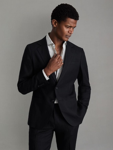 Slim Fit Single Breasted Linen Blazer in Black (N99119) | £298