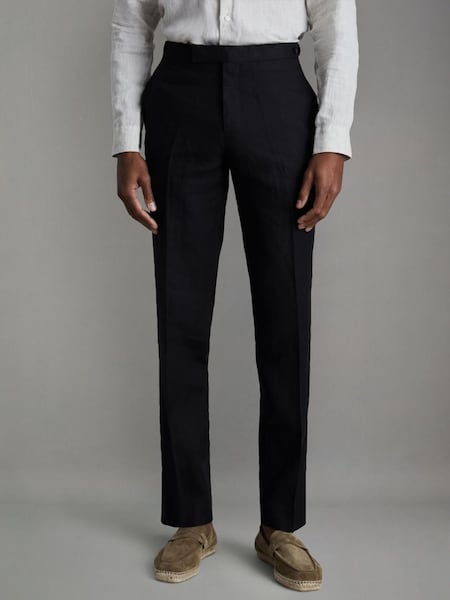 Slim Fit Linen Adjuster Trousers in Black (N99120) | £148