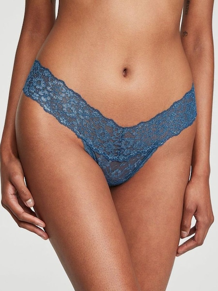 Midnight Sea Blue Silver Core Lace Up Thong Lace Knickers (P29570) | £9