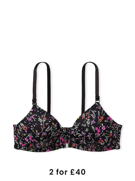 Pure Black Floral Non Wired Lightly Lined Front Close Bra (P55282) | £29 - £30