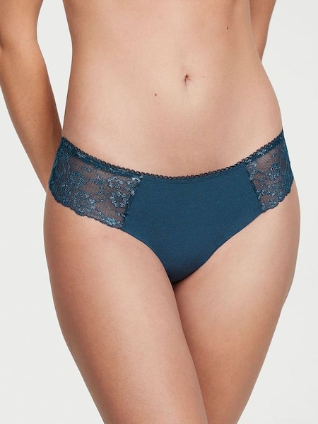 Midnight Sea Blue Silver Posey Lace Thong Knickers (P57389) | £4