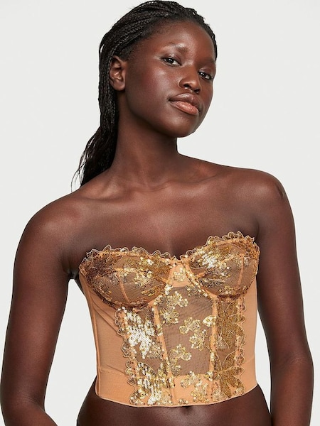 Gold Sequin Floral Embroidered Corset Bra Top (P71538) | £65