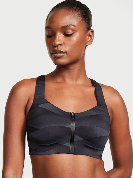Black Grey Wave Smooth Front Fastening Wired High Impact Sports Bra (P75118) | £45