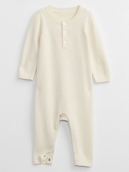 Cream Knitted Long Sleeve Henley Baby Sleepsuit (P75481) | £12