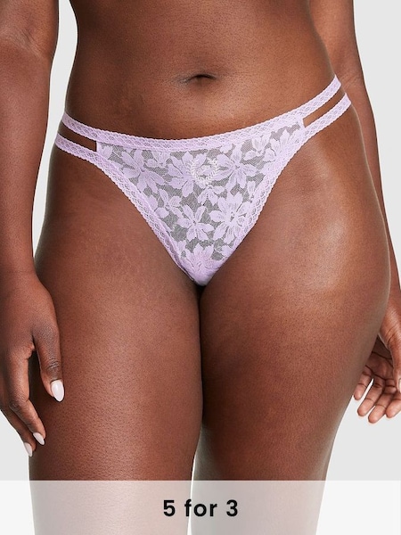 Pastel Lilac Purple Crest Lace Strappy Thong Knickers (P82944) | £9