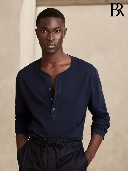 Banana Republic Navy Soft Wash Henley Long Sleeve T-Shirt (P84925) | £35