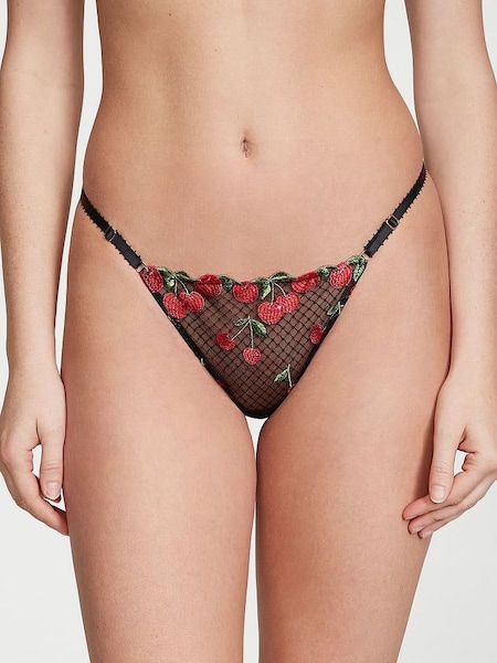 Cherry Black Thong Embroidered Knickers (P95650) | £20