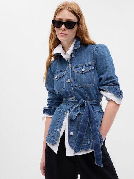Blue Belted Puff Sleeve Denim Jacket with Washwell (P96913) | £70