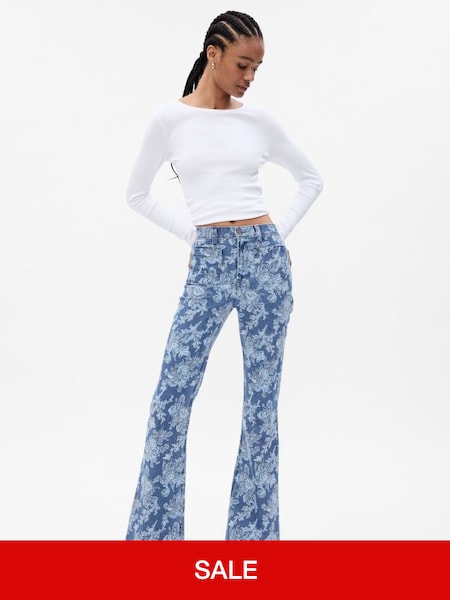 Blue LoveShackFancy High Rise Floral '70s Flare Jeans (P96915) | £60