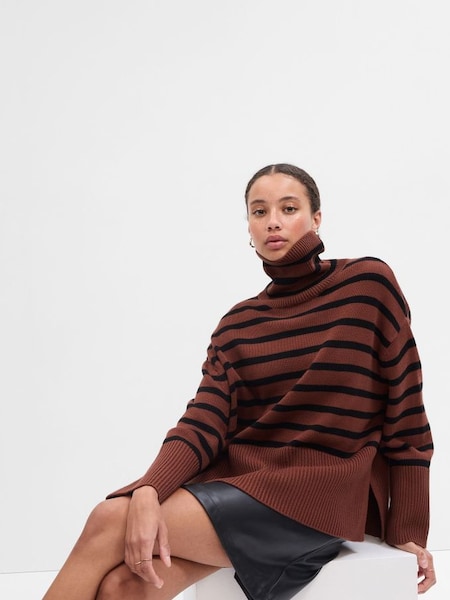 Brown Relaxed Stripe Turtle Neck Tunic Jumper (P99276) | £45