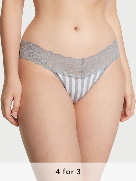 Grey White Stripe Lace Waist Thong Knickers (Q11188) | £9