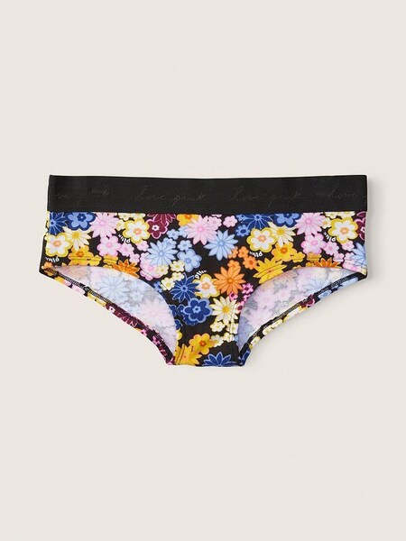Pure Black Floral Print Black Cotton Logo Hipster Knickers (Q19344) | £4