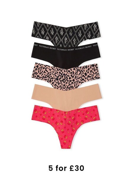 Black/Nude/Red Print Thong No Show Knickers Multipack (Q20123) | £25