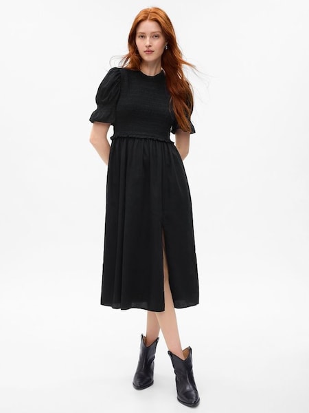 Black Puff Sleeve Smocked Midi Dress (Q23397) | £70
