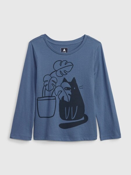 Blue Cat Graphic Long Sleeve Crew Neck T-Shirt (Q26400) | £5