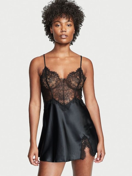 Black Satin Lace Slip Dress (Q26471) | £59