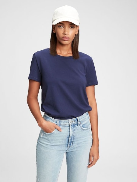 Navy Blue Organic Cotton Vintage Short Sleeve Crew Neck T-Shirt (Q26513) | £18