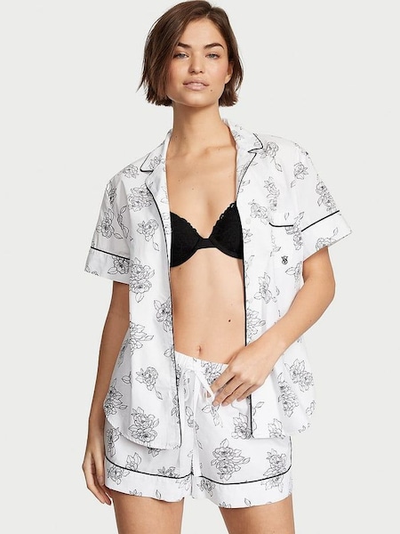 White Outline Floral Cotton Pyjama Short Pyjamas Set (Q26788) | £39