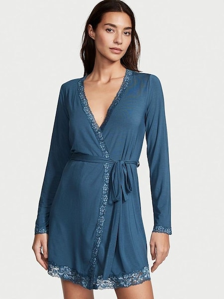 Midnight Sea Blue Modal Lace Trim Robe (Q26803) | £49