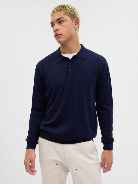 Blue Merino Wool Polo Long Sleeve Shirt (Q26856) | £60