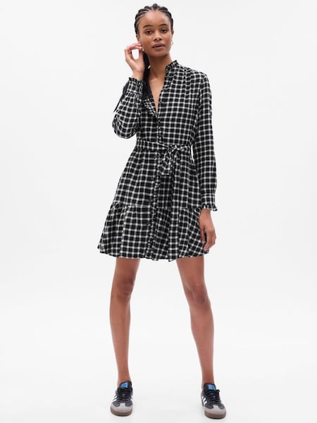 Black/White Tiered Ruffle Long Sleeve Check Mini Dress (Q27546) | £60
