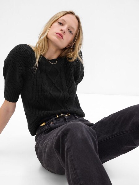 Black Cable-Knit Puff Sleeve Jumper (Q30142) | £35