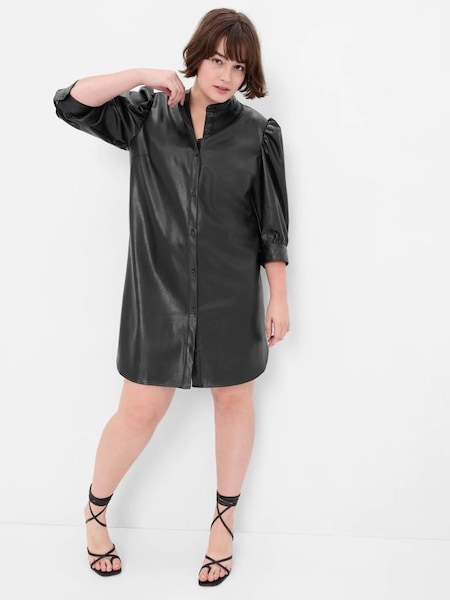 Black Faux-Leather Puff Sleeve Round Neck Mini Shirt Dress (Q30245) | £50