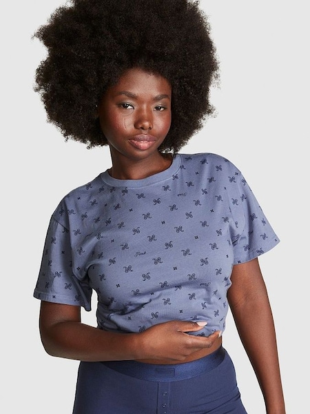 Dusty Iris Blue Print Short Sleeve Oversized Campus T-Shirt (Q31238) | £25