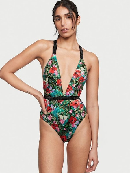 Tropical Floral Black Shine Strap Plunge One Piece Swimsuit (Q31791) | £29