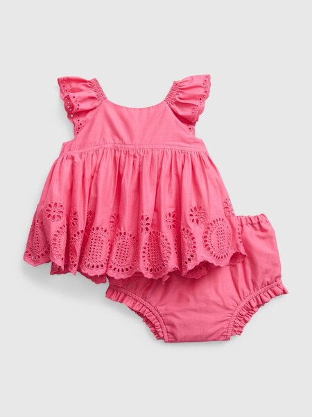 Pink Broderie Flutter Sleeve Baby Outfit Set (Q34114) | £16