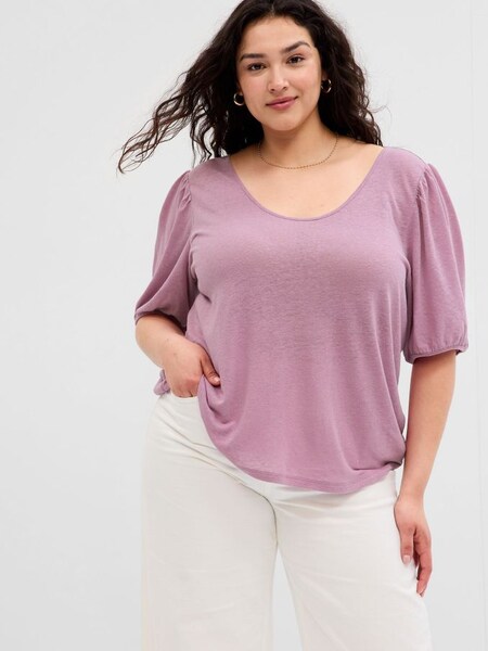 Purple Puff Sleeve Scoop Neck T-Shirt Contains Linen (Q34302) | £12