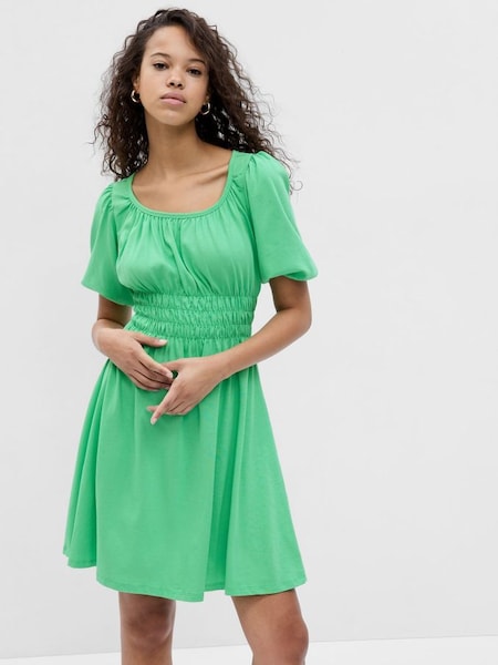 Green Puff Sleeve Smocked Crew Neck Mini Dress (Q34312) | £25