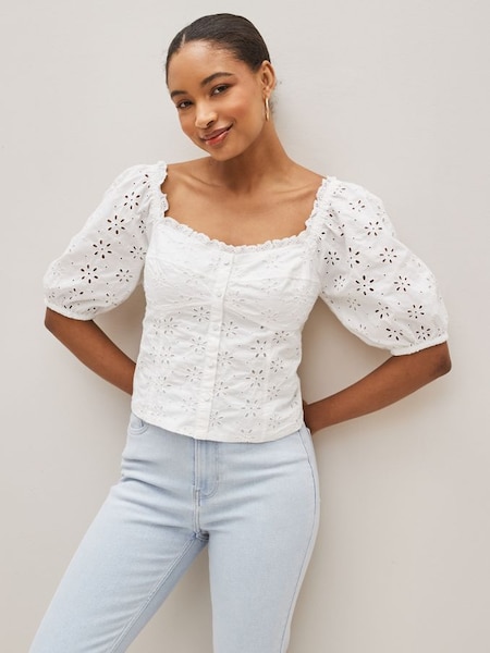 White Broderie Square Neck Puff Sleeve Blouse (Q34615) | £20