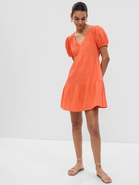 Orange Crinkle Gauze Puff Sleeve Tiered Mini Dress (Q34666) | £29