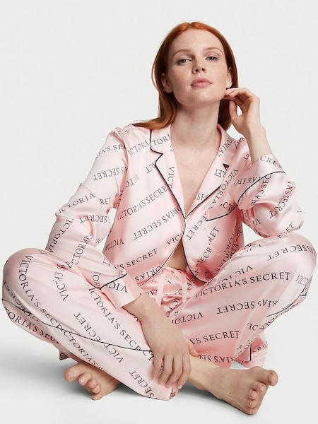 Purest Pink Logo Satin Long Pyjamas (Q35046) | £69