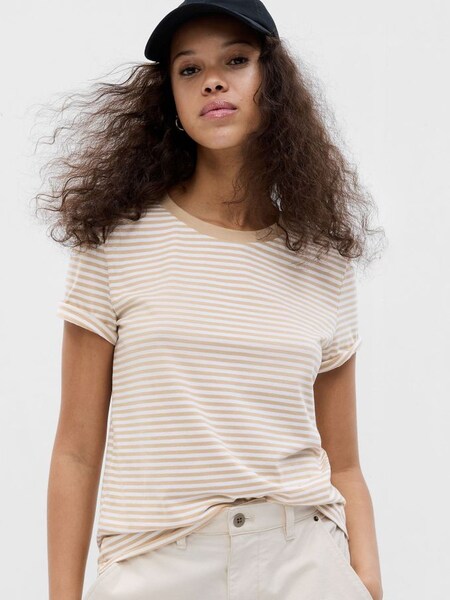 Yellow and White Stripe Organic Cotton Vintage Short Sleeve Crew Neck T-Shirt (Q35117) | £9